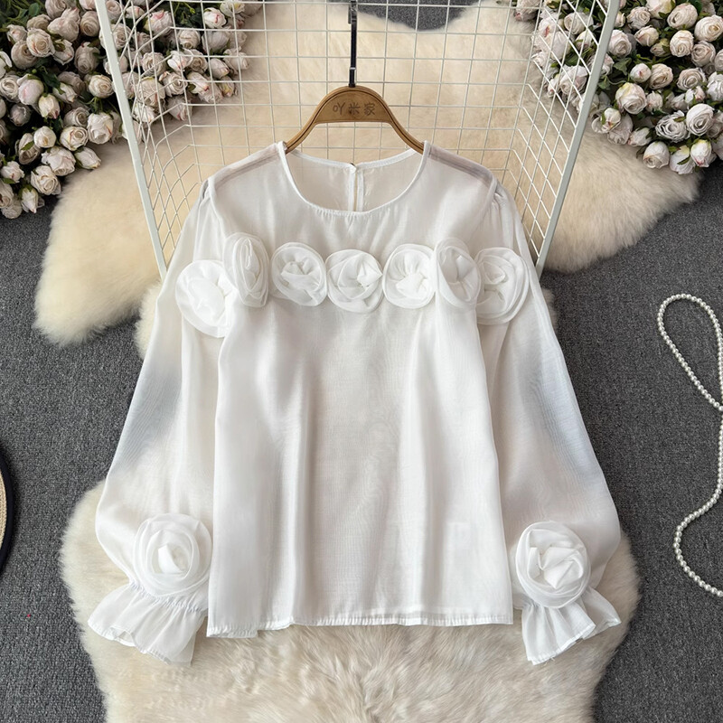 EWQ Simplicity 3D Virággal összefűzött blúz Női Alkalmi egyszínű fényvédő laza divatos felsők Ruházat 2024 Új 27X314