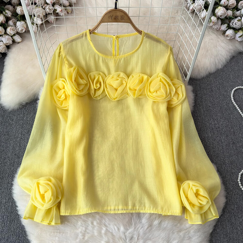 EWQ Simplicity 3D Virággal összefűzött blúz Női Alkalmi egyszínű fényvédő laza divatos felsők Ruházat 2024 Új 27X314