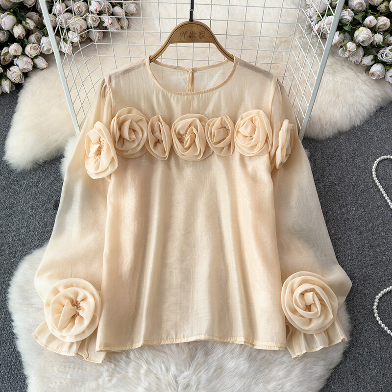 EWQ Simplicity 3D Virággal összefűzött blúz Női Alkalmi egyszínű fényvédő laza divatos felsők Ruházat 2024 Új 27X314