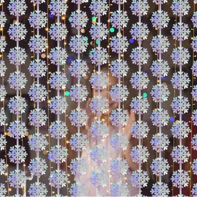 Irizáló lézeres hópehely esőfólia függöny akasztós party háttérdísz karácsonyi bulihoz téli parti háttér dekoráció