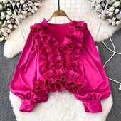 EWQ alkalmi 3D fodros kialakítás női hosszú ujjú patchwork V-nyakú karcsúsító ing tömör ruházathoz 2024 nyár új 27C795