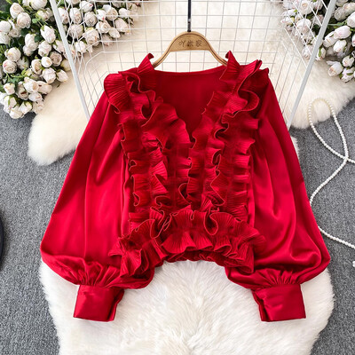 EWQ alkalmi 3D fodros kialakítás női hosszú ujjú patchwork V-nyakú karcsúsító ing tömör ruházathoz 2024 nyár új 27C795