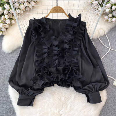 EWQ alkalmi 3D fodros kialakítás női hosszú ujjú patchwork V-nyakú karcsúsító ing tömör ruházathoz 2024 nyár új 27C795