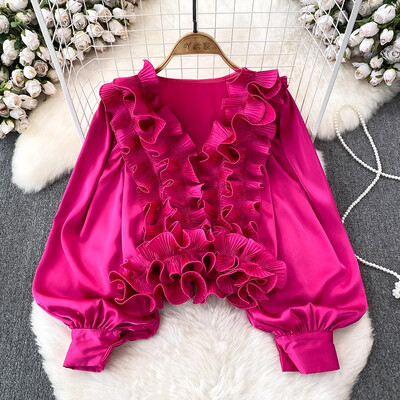 EWQ alkalmi 3D fodros kialakítás női hosszú ujjú patchwork V-nyakú karcsúsító ing tömör ruházathoz 2024 nyár új 27C795