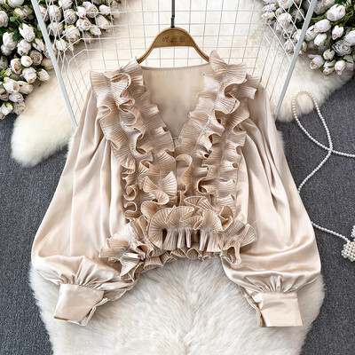 EWQ alkalmi 3D fodros kialakítás női hosszú ujjú patchwork V-nyakú karcsúsító ing tömör ruházathoz 2024 nyár új 27C795