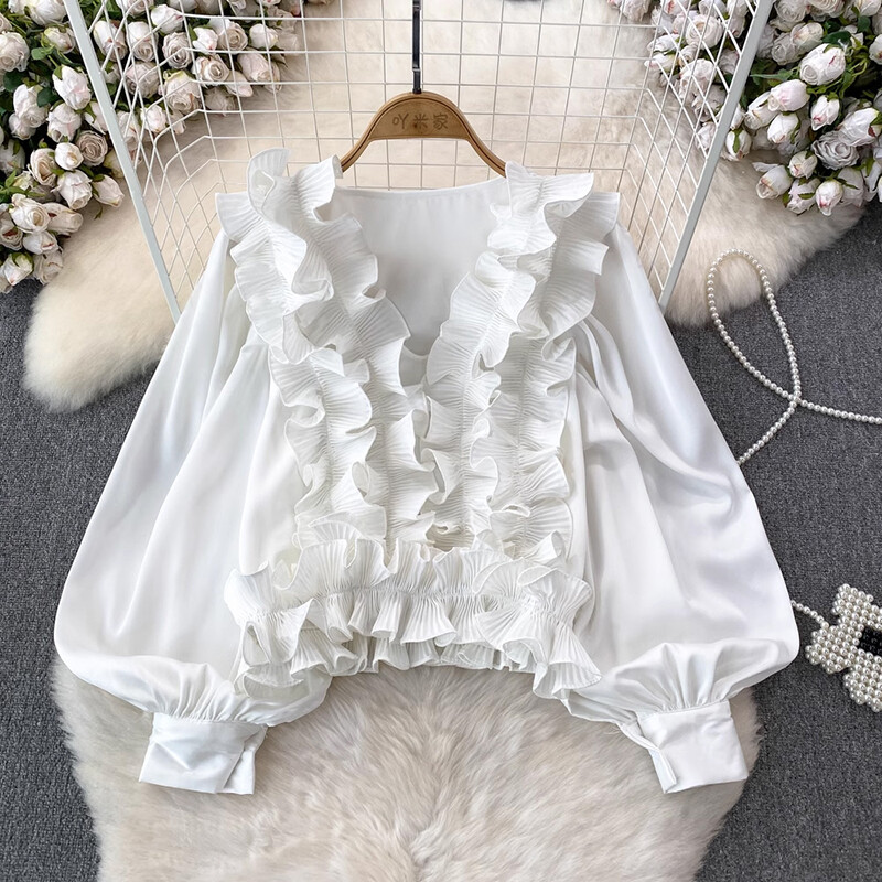 EWQ alkalmi 3D fodros kialakítás női hosszú ujjú patchwork V-nyakú karcsúsító ing tömör ruházathoz 2024 nyár új 27C795