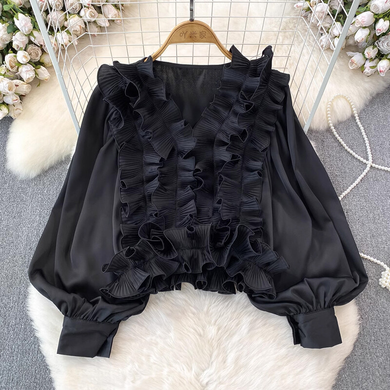 EWQ alkalmi 3D fodros kialakítás női hosszú ujjú patchwork V-nyakú karcsúsító ing tömör ruházathoz 2024 nyár új 27C795