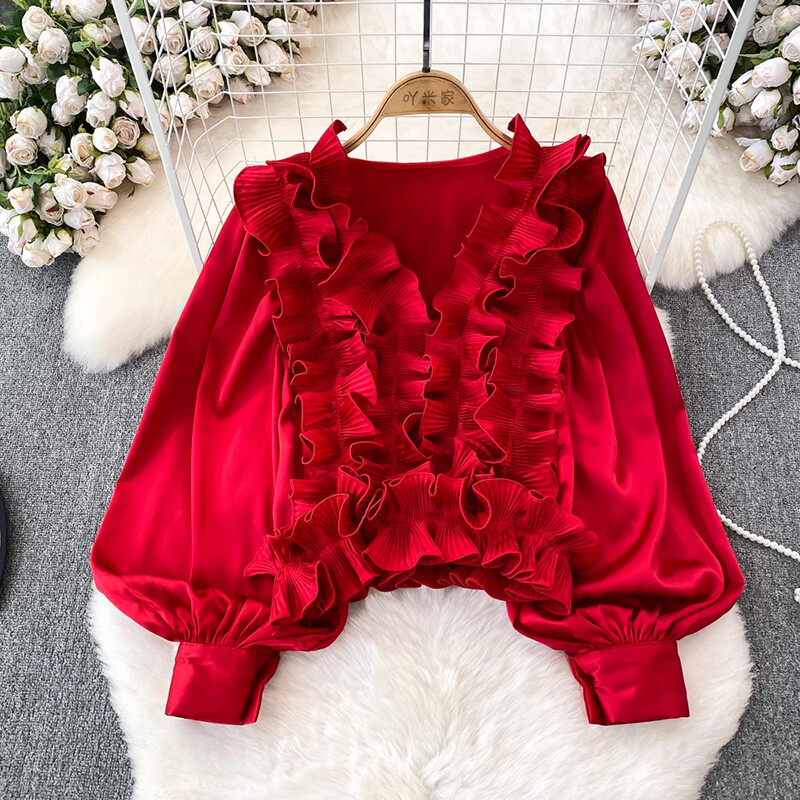 EWQ alkalmi 3D fodros kialakítás női hosszú ujjú patchwork V-nyakú karcsúsító ing tömör ruházathoz 2024 nyár új 27C795