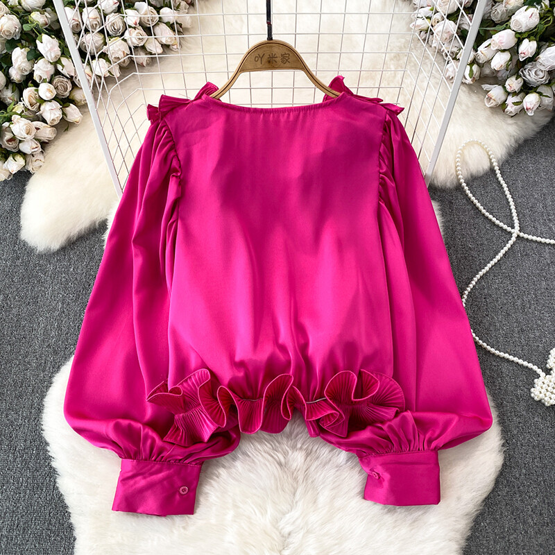 EWQ alkalmi 3D fodros kialakítás női hosszú ujjú patchwork V-nyakú karcsúsító ing tömör ruházathoz 2024 nyár új 27C795