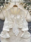 SINGREINY női elegáns szatén blúz, kötőfék, kiszélesedő ujjú tömör felsők, női, kiváló minőségű divat, ruched, alkalmi alapok elegáns ing