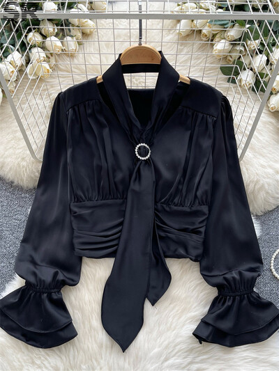 SINGREINY női elegáns szatén blúz, kötőfék, kiszélesedő ujjú tömör felsők, női, kiváló minőségű divat, ruched, alkalmi alapok elegáns ing