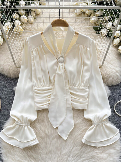 SINGREINY női elegáns szatén blúz, kötőfék, kiszélesedő ujjú tömör felsők, női, kiváló minőségű divat, ruched, alkalmi alapok elegáns ing