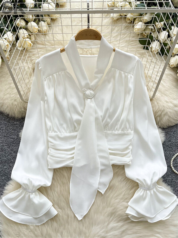 SINGREINY női elegáns szatén blúz, kötőfék, kiszélesedő ujjú tömör felsők, női, kiváló minőségű divat, ruched, alkalmi alapok elegáns ing