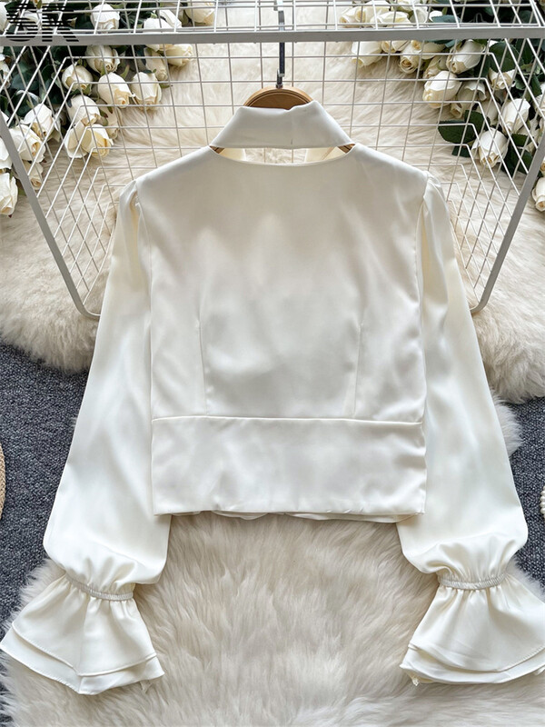 SINGREINY női elegáns szatén blúz, kötőfék, kiszélesedő ujjú tömör felsők, női, kiváló minőségű divat, ruched, alkalmi alapok elegáns ing