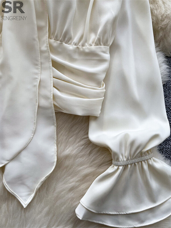 SINGREINY női elegáns szatén blúz, kötőfék, kiszélesedő ujjú tömör felsők, női, kiváló minőségű divat, ruched, alkalmi alapok elegáns ing