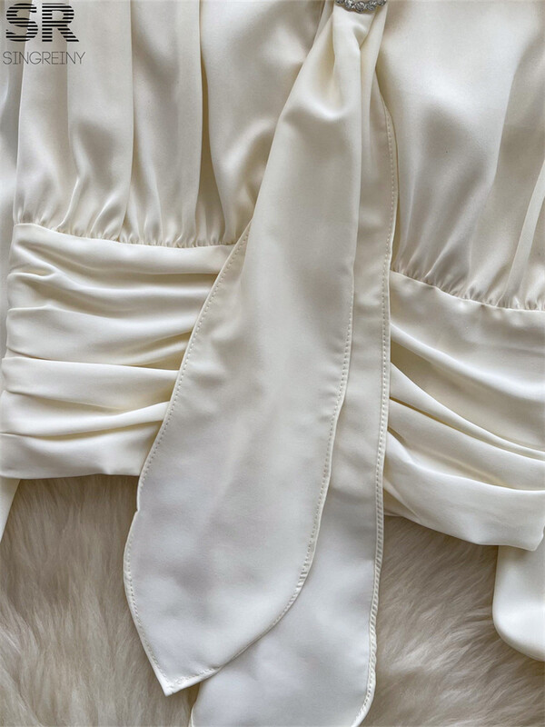 SINGREINY női elegáns szatén blúz, kötőfék, kiszélesedő ujjú tömör felsők, női, kiváló minőségű divat, ruched, alkalmi alapok elegáns ing