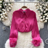 Moteriška palaidinė, atlasinė biuro moteriški marškiniai su sagomis, rankovės su kailiu Camisas De Mujer, tvirta pavasario apverčiama apykaklė Blusas, laisvas „Dropship“