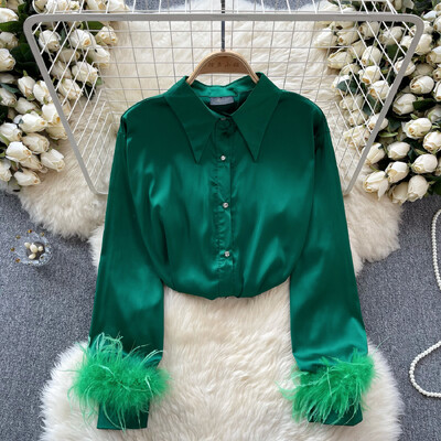 Moteriška palaidinė, atlasinė biuro moteriški marškiniai su sagomis, rankovės su kailiu Camisas De Mujer, tvirta pavasario apverčiama apykaklė Blusas, laisvas „Dropship“