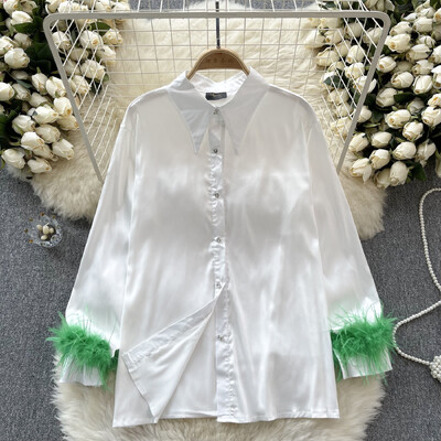 Moteriška palaidinė, atlasinė biuro moteriški marškiniai su sagomis, rankovės su kailiu Camisas De Mujer, tvirta pavasario apverčiama apykaklė Blusas, laisvas „Dropship“