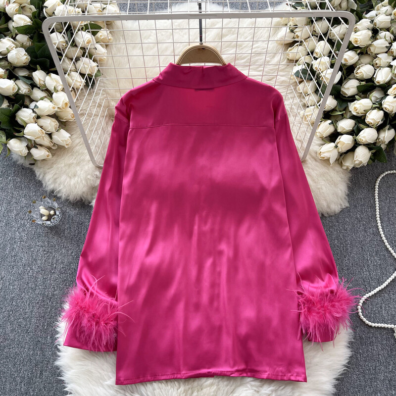 Moteriška palaidinė, atlasinė biuro moteriški marškiniai su sagomis, rankovės su kailiu Camisas De Mujer, tvirta pavasario apverčiama apykaklė Blusas, laisvas „Dropship“