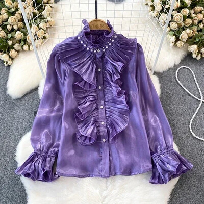 3D ziedu sieviešu blūze, statīvs, apkakle, uzliesmojuma piedurkne