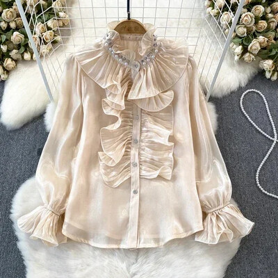 3D ziedu sieviešu blūze, statīvs, apkakle, uzliesmojuma piedurkne