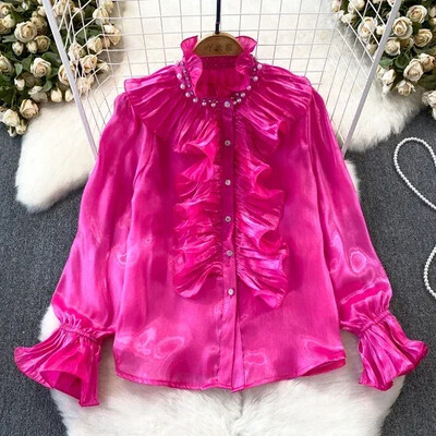 3D ziedu sieviešu blūze, statīvs, apkakle, uzliesmojuma piedurkne