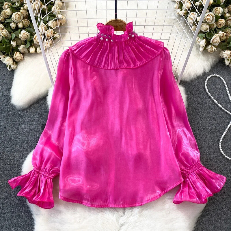 3D ziedu sieviešu blūze, statīvs, apkakle, uzliesmojuma piedurkne