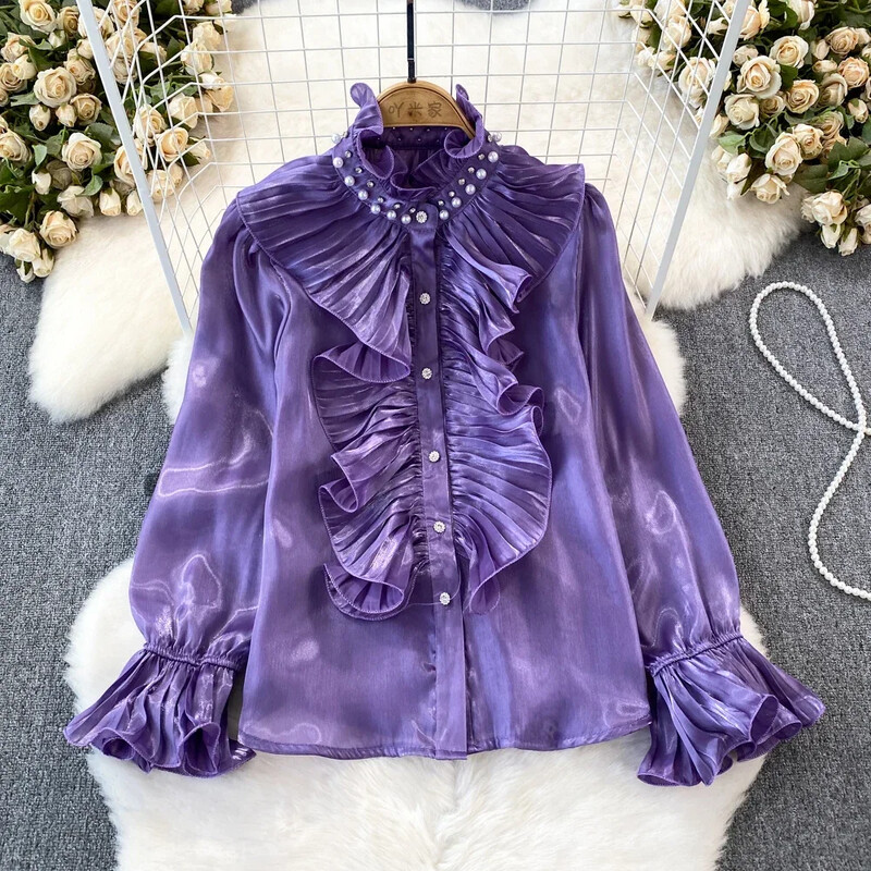 3D ziedu sieviešu blūze, statīvs, apkakle, uzliesmojuma piedurkne