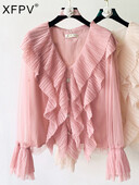 XFPV Sweet Solid V-nyakú fodros, hosszú ujjú, karcsú felső női koreai elegáns flare ujjú blúz női 2023 őszi új dagály SM6596