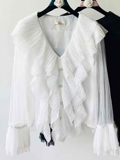 XFPV Sweet Solid V-nyakú fodros, hosszú ujjú, karcsú felső női koreai elegáns flare ujjú blúz női 2023 őszi új dagály SM6596