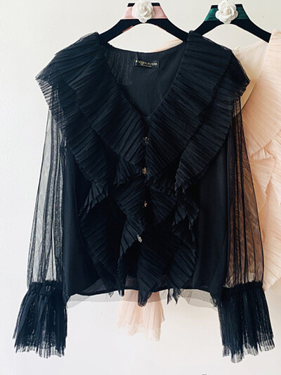 XFPV Sweet Solid V-nyakú fodros, hosszú ujjú, karcsú felső női koreai elegáns flare ujjú blúz női 2023 őszi új dagály SM6596