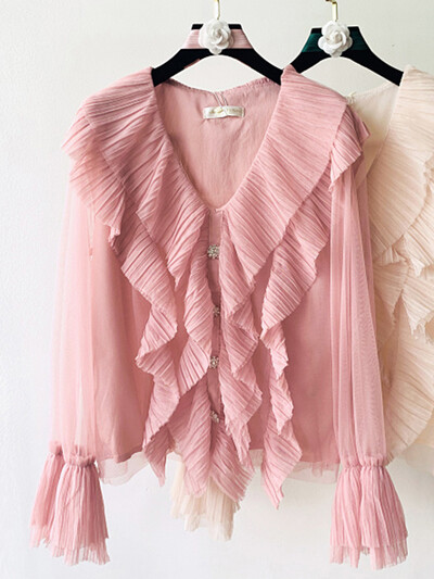 XFPV Sweet Solid V-nyakú fodros, hosszú ujjú, karcsú felső női koreai elegáns flare ujjú blúz női 2023 őszi új dagály SM6596