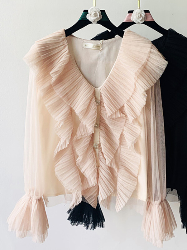 XFPV Sweet Solid V-nyakú fodros, hosszú ujjú, karcsú felső női koreai elegáns flare ujjú blúz női 2023 őszi új dagály SM6596