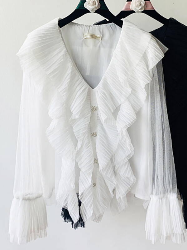 XFPV Sweet Solid V-nyakú fodros, hosszú ujjú, karcsú felső női koreai elegáns flare ujjú blúz női 2023 őszi új dagály SM6596