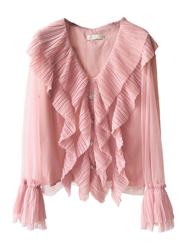 XFPV Sweet Solid V-nyakú fodros, hosszú ujjú, karcsú felső női koreai elegáns flare ujjú blúz női 2023 őszi új dagály SM6596