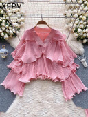 XFPV női fodros redőzött koreai változat blúz V-nyakú, kiszélesedő ujjú, bő egyszínű ingek 2024. tavaszi ősz SM10891