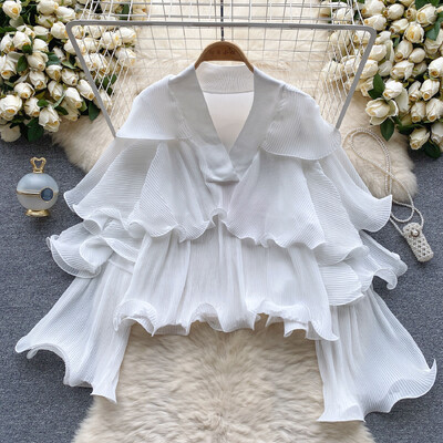 XFPV női fodros redőzött koreai változat blúz V-nyakú, kiszélesedő ujjú, bő egyszínű ingek 2024. tavaszi ősz SM10891