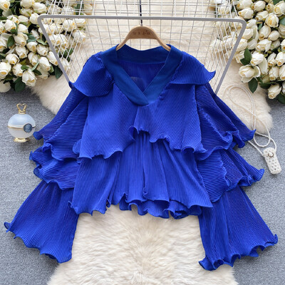 XFPV női fodros redőzött koreai változat blúz V-nyakú, kiszélesedő ujjú, bő egyszínű ingek 2024. tavaszi ősz SM10891