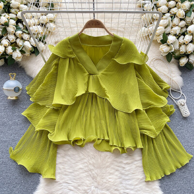 XFPV női fodros redőzött koreai változat blúz V-nyakú, kiszélesedő ujjú, bő egyszínű ingek 2024. tavaszi ősz SM10891