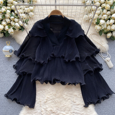 XFPV női fodros redőzött koreai változat blúz V-nyakú, kiszélesedő ujjú, bő egyszínű ingek 2024. tavaszi ősz SM10891