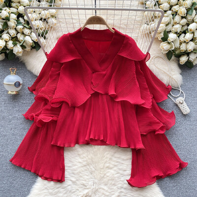 XFPV női fodros redőzött koreai változat blúz V-nyakú, kiszélesedő ujjú, bő egyszínű ingek 2024. tavaszi ősz SM10891