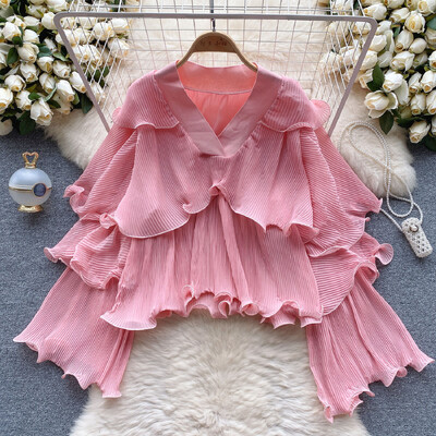 XFPV női fodros redőzött koreai változat blúz V-nyakú, kiszélesedő ujjú, bő egyszínű ingek 2024. tavaszi ősz SM10891