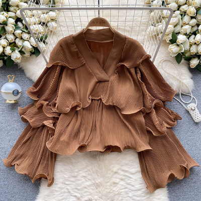 XFPV női fodros redőzött koreai változat blúz V-nyakú, kiszélesedő ujjú, bő egyszínű ingek 2024. tavaszi ősz SM10891