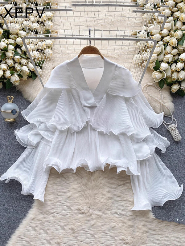 XFPV női fodros redőzött koreai változat blúz V-nyakú, kiszélesedő ujjú, bő egyszínű ingek 2024. tavaszi ősz SM10891