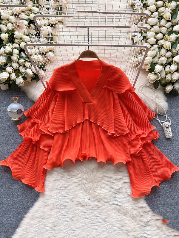 XFPV női fodros redőzött koreai változat blúz V-nyakú, kiszélesedő ujjú, bő egyszínű ingek 2024. tavaszi ősz SM10891