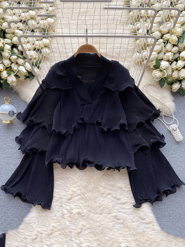 XFPV női fodros redőzött koreai változat blúz V-nyakú, kiszélesedő ujjú, bő egyszínű ingek 2024. tavaszi ősz SM10891