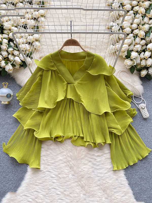 XFPV női fodros redőzött koreai változat blúz V-nyakú, kiszélesedő ujjú, bő egyszínű ingek 2024. tavaszi ősz SM10891