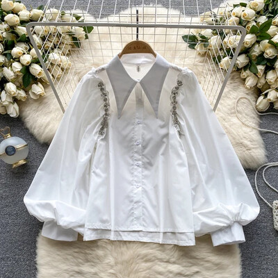 Sieviešu atlaižu apkakle, laterna ar garām piedurknēm, brīva blūze, slaida, eleganta franču modes top seksīga pavasara vasaras sieviešu krekls