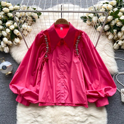 Sieviešu atlaižu apkakle, laterna ar garām piedurknēm, brīva blūze, slaida, eleganta franču modes top seksīga pavasara vasaras sieviešu krekls